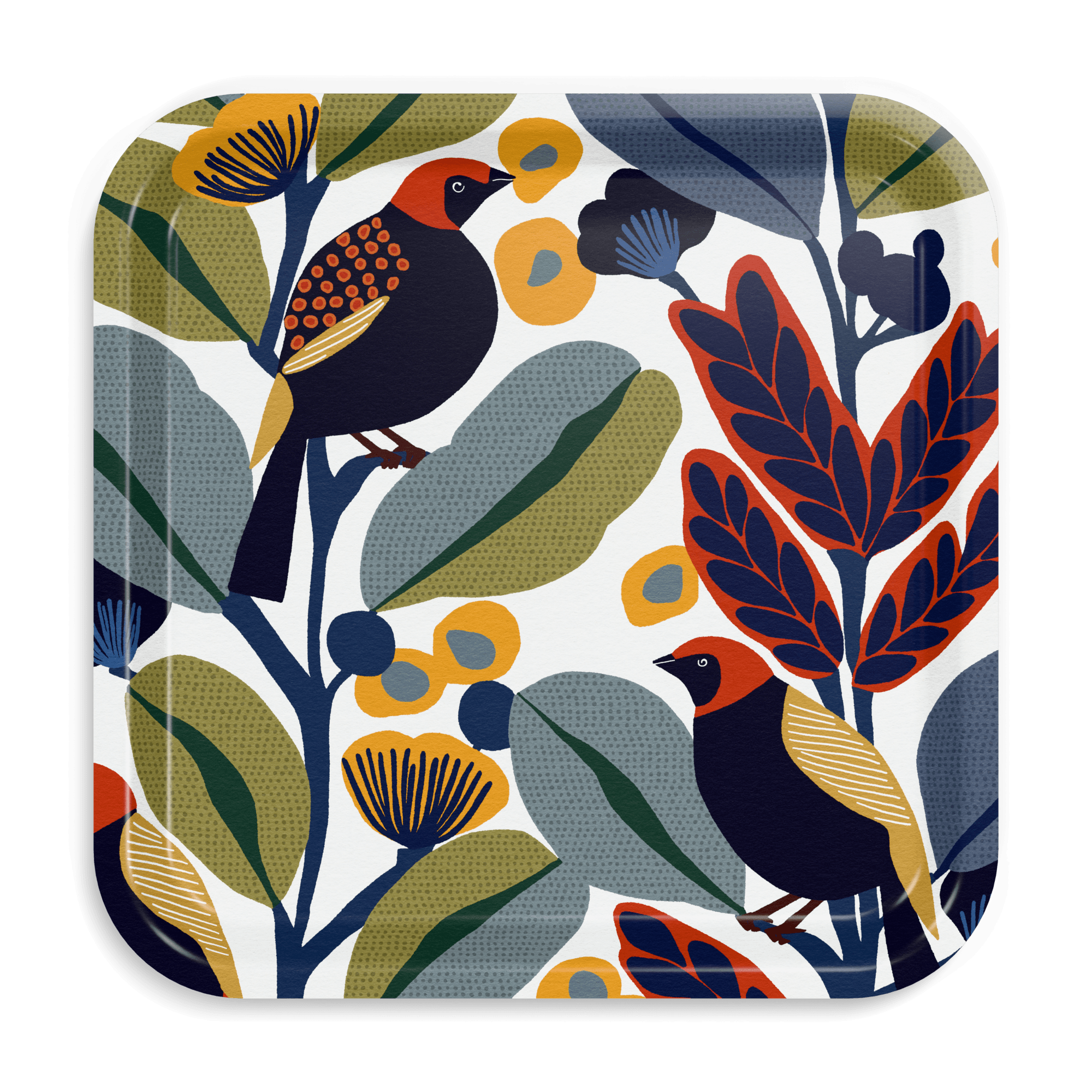 Quadratisches Design-Tablett 32 x 32 cm - Happy Birds - nordische Birke